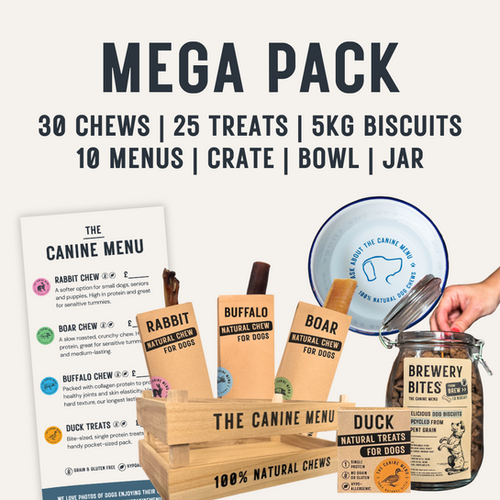 Mega Starter Pack (30 chews, 25 treats, 5kg biscuits, crate & bowl) | The Canine Menu